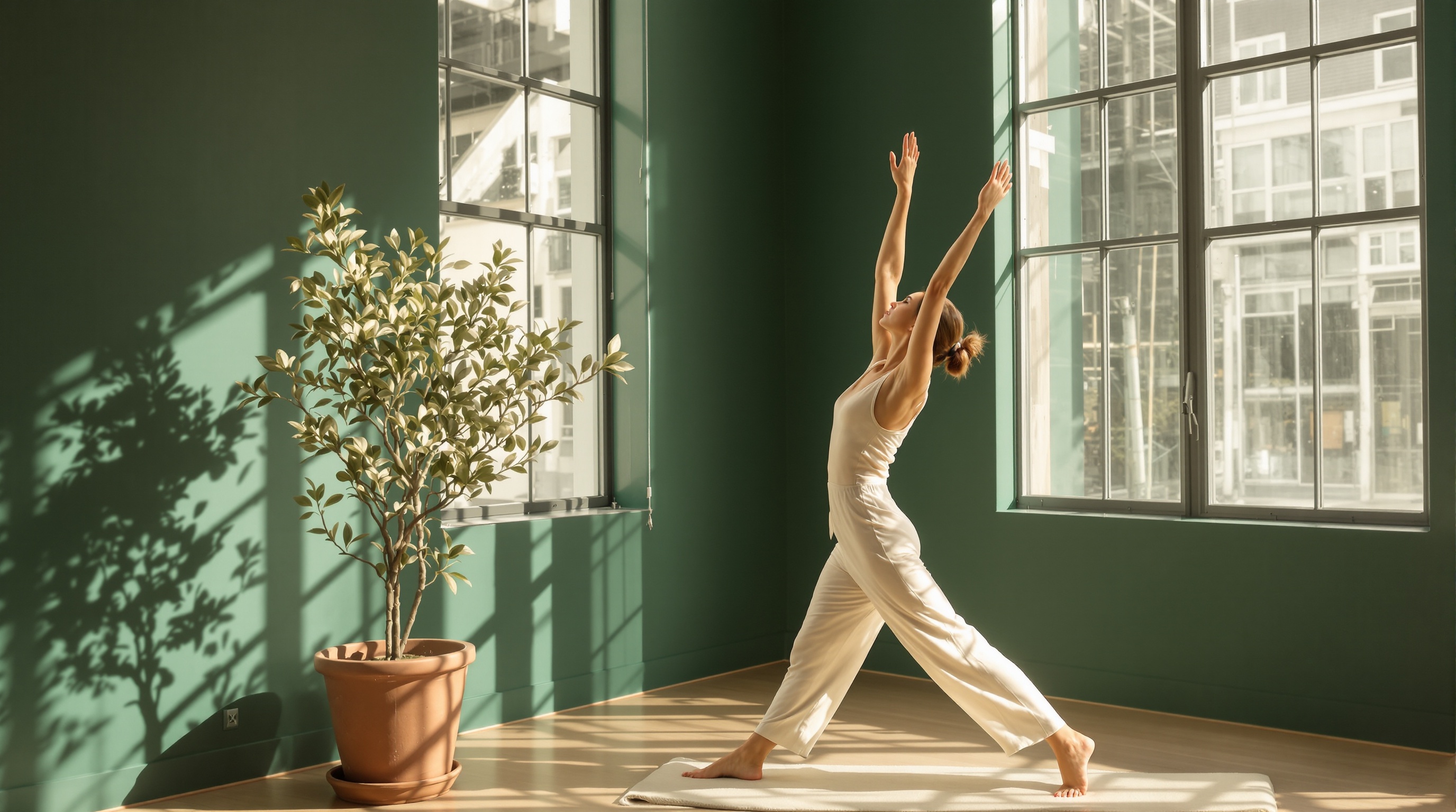Female trainer stretching in sunlit studio with forest green walls — EVOLVE by Jenny