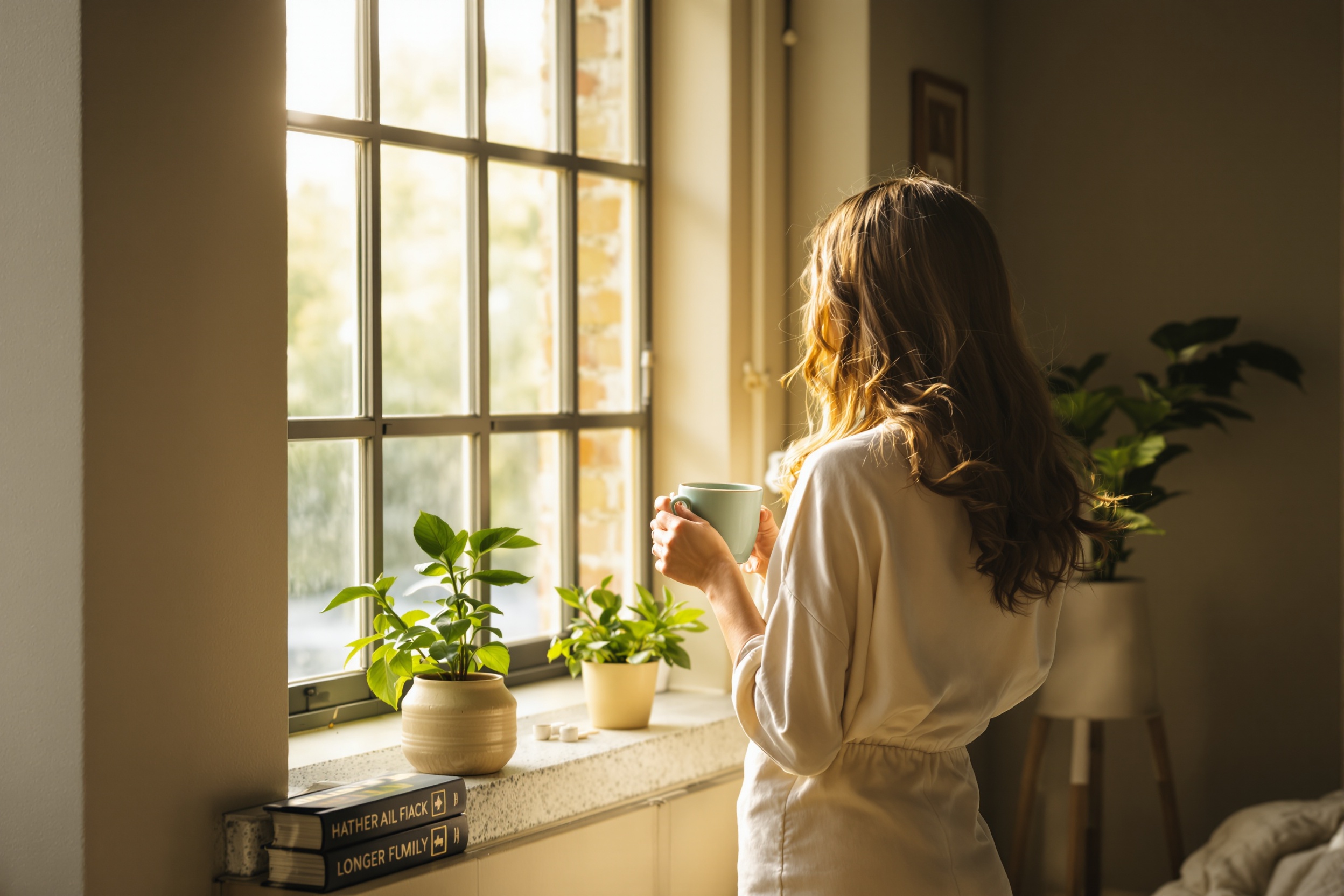 Female trainer at a sunlit studio window with a ceramic mug