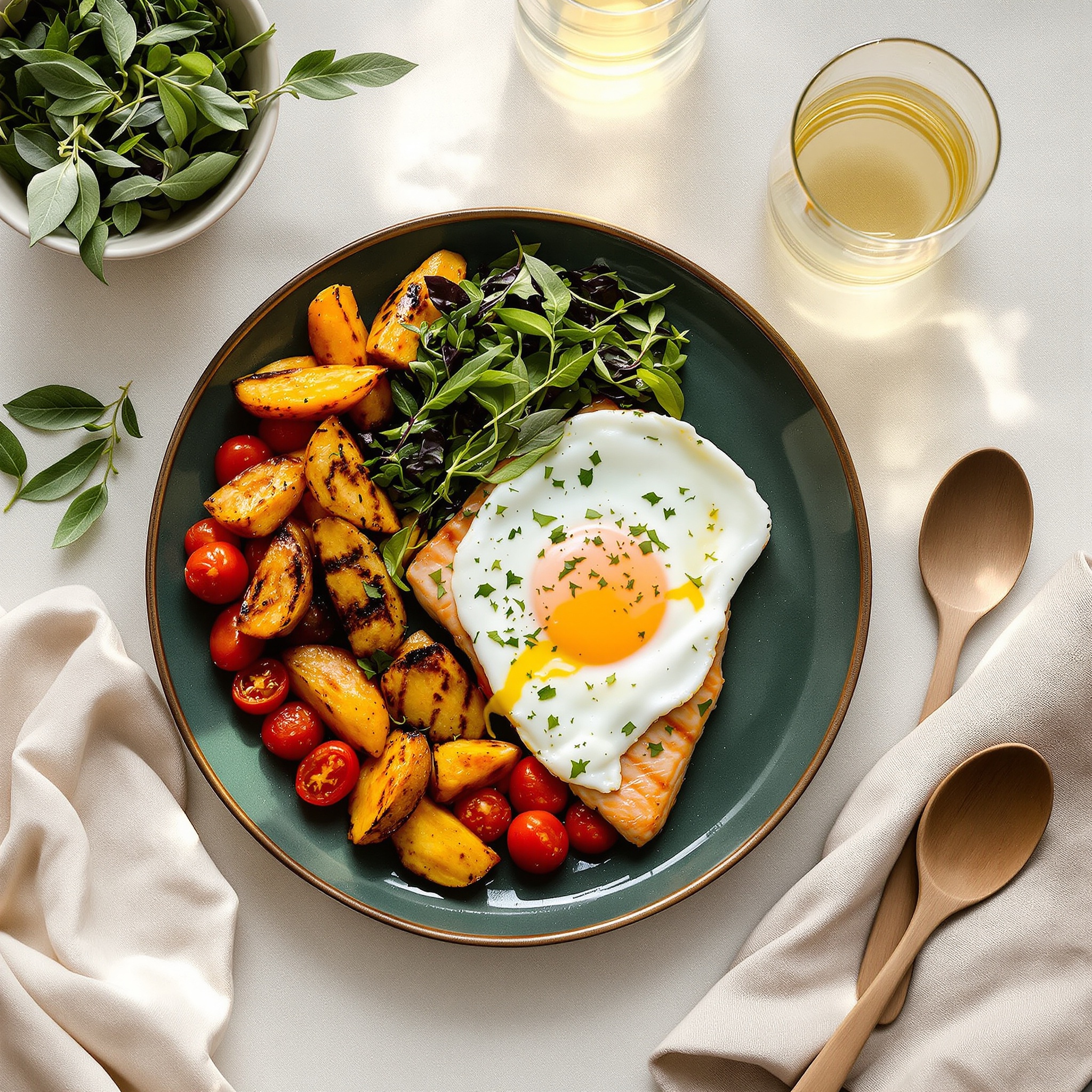 Overhead flat lay of a healthy meal with protein, vegetables, and sweet potato