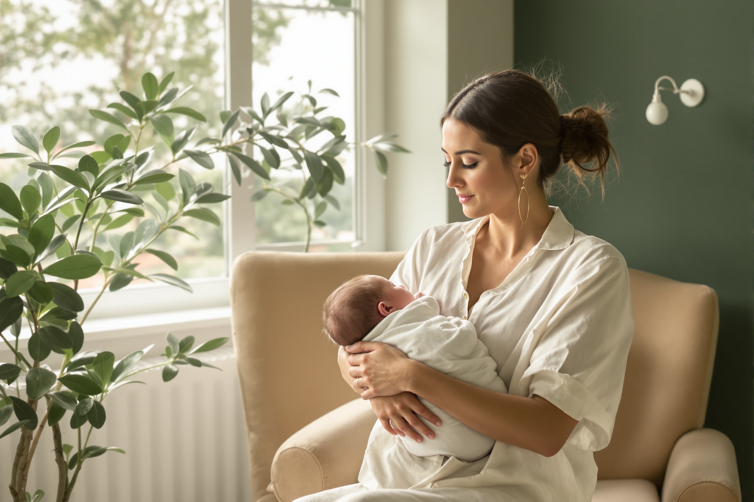 Mother and baby in sunlit studio — postpartum training programming