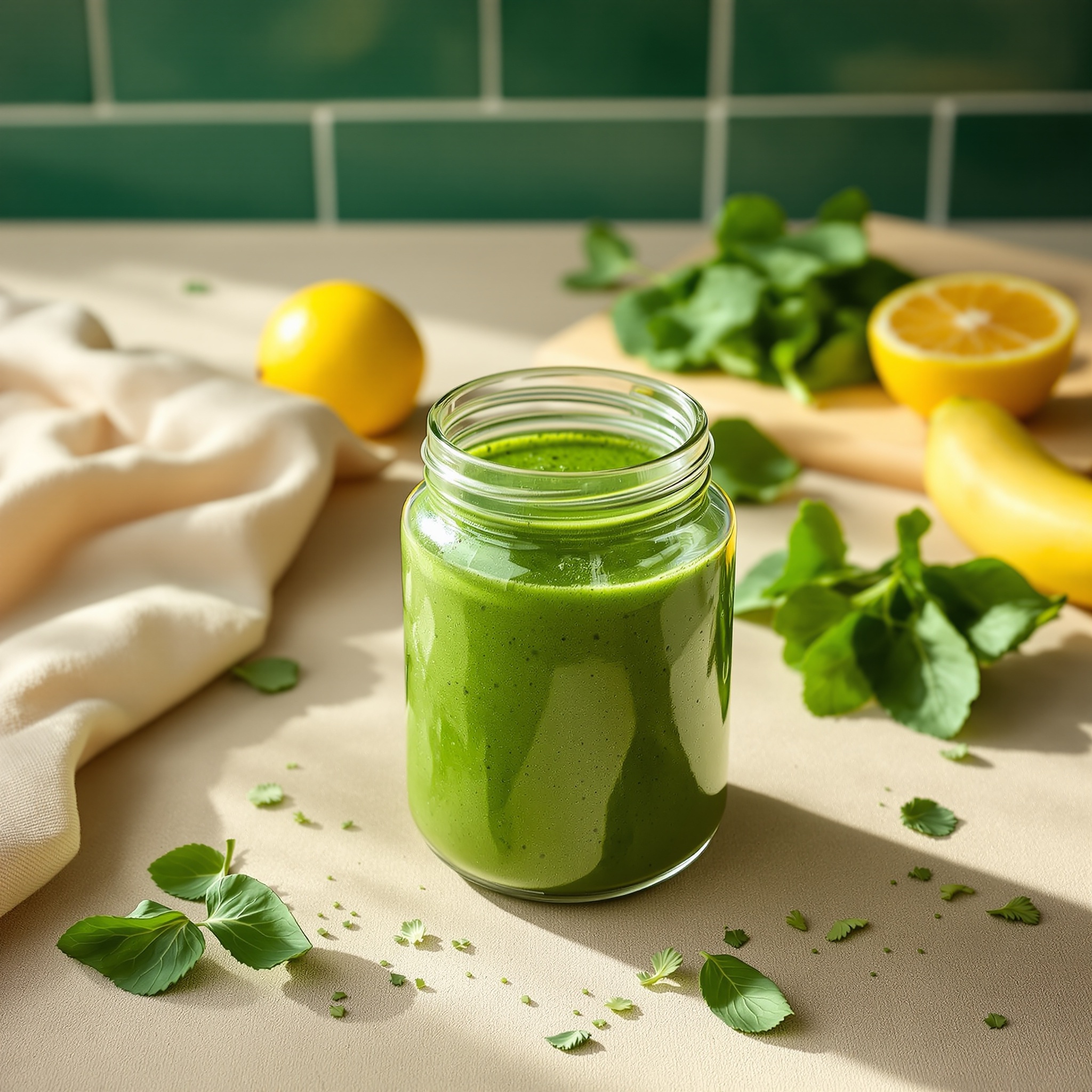 Green smoothie in glass jar with fresh ingredients