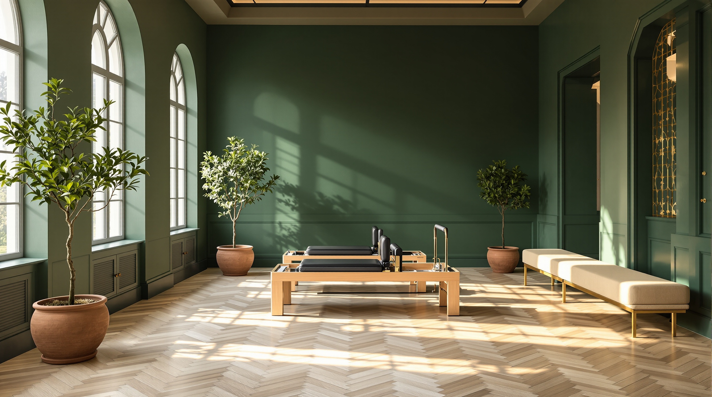 Sunlit luxury training studio with forest green wall and Pilates reformer
