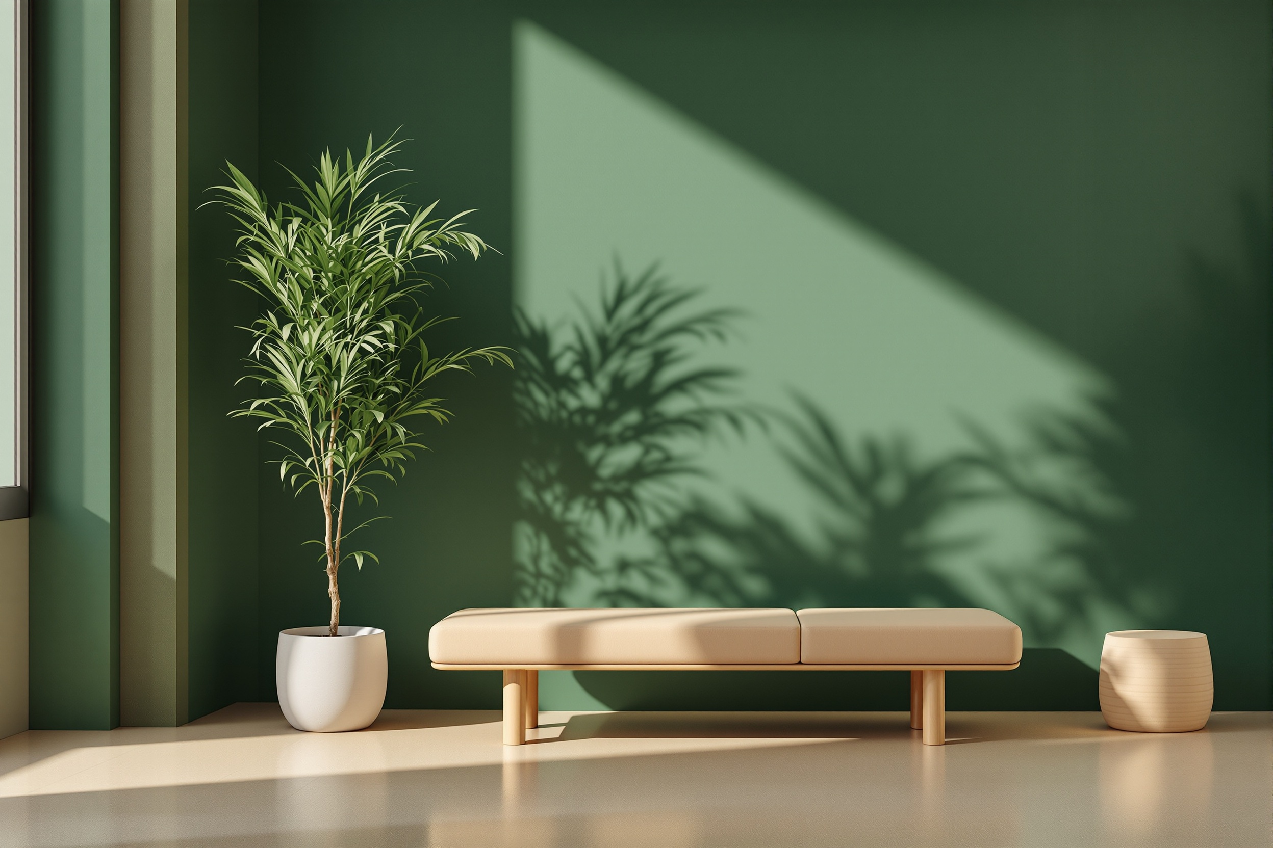 Sunlit training studio with forest green wall — the EVOLVE protocol space